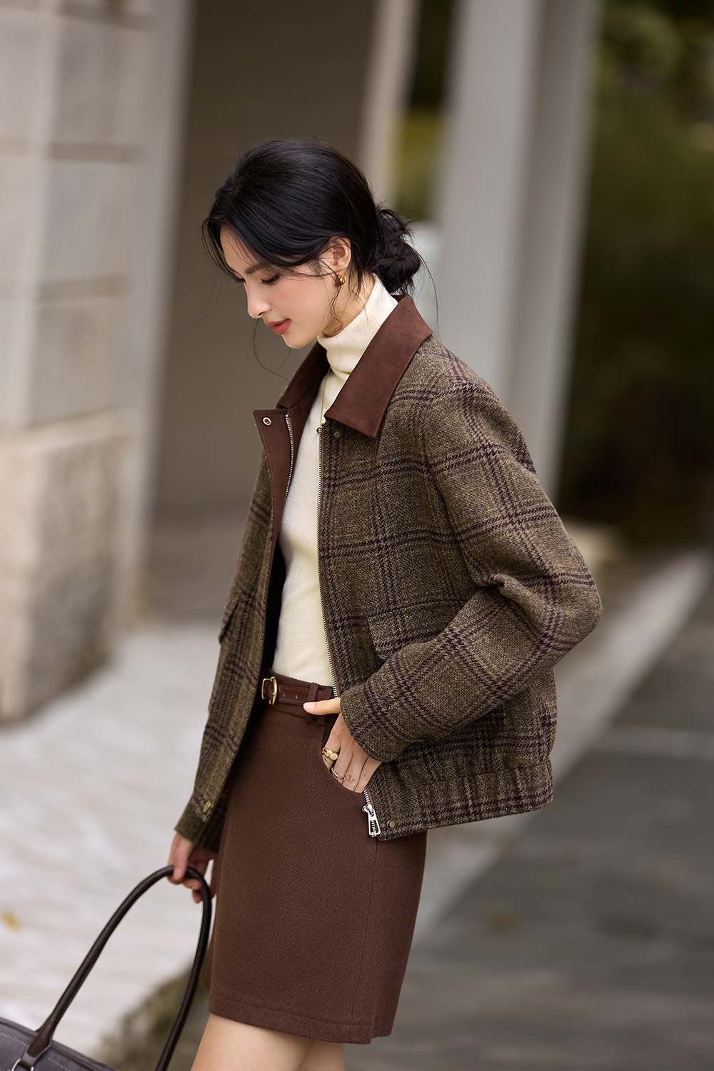 Brown Plaid Collared Short Coat