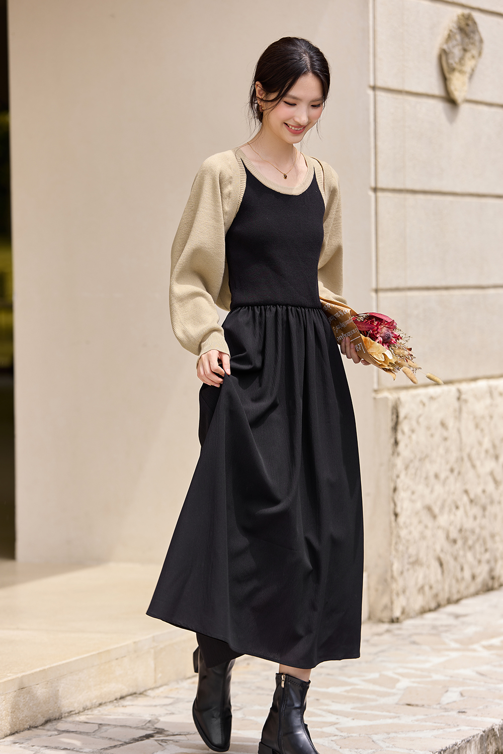 Black-Khaki Vest Dress Set