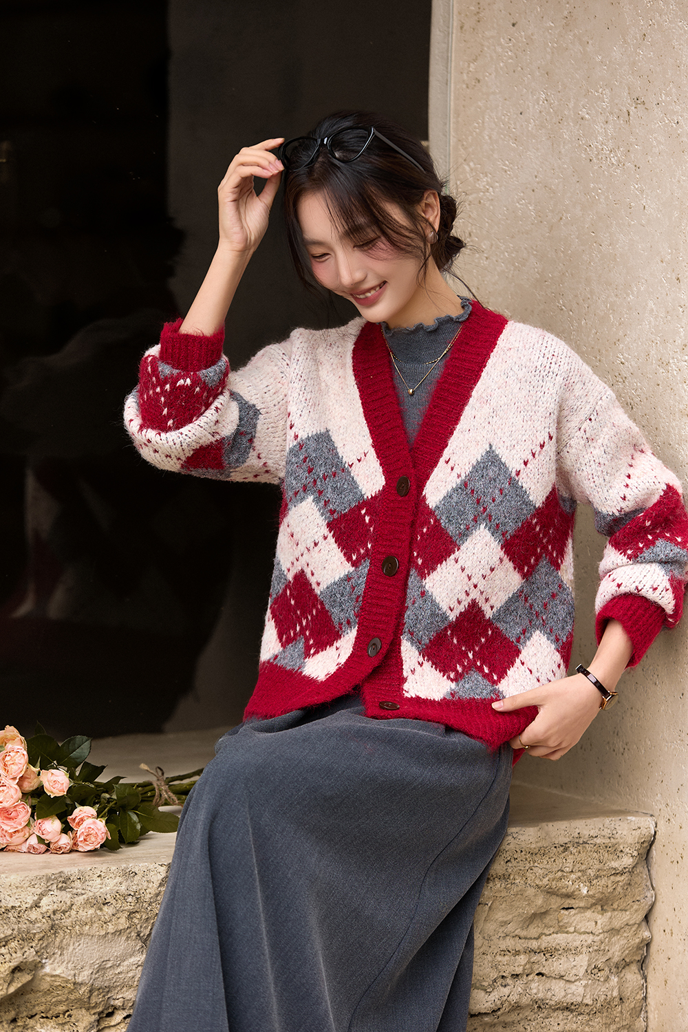 Vintage Diamond-Pattern Cardigan