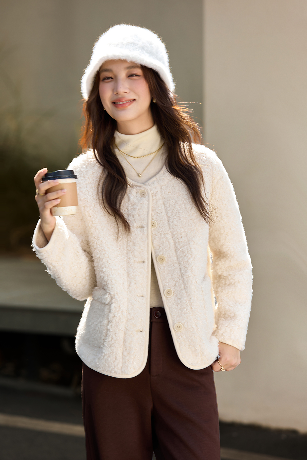 Apricot Shearling Crewneck Coat