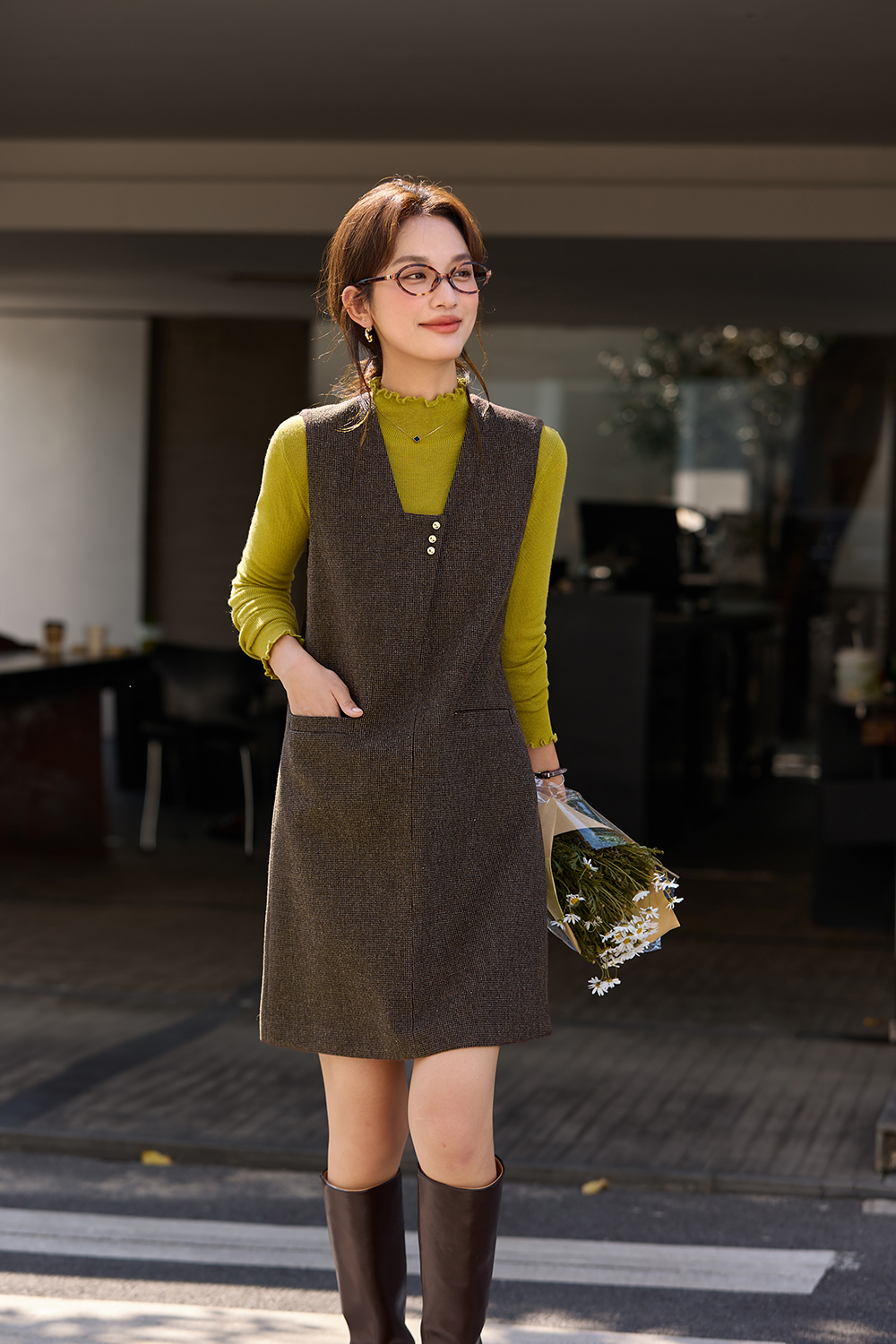 Floral Coffee - colored Sleeveless Woolen Vest Dress