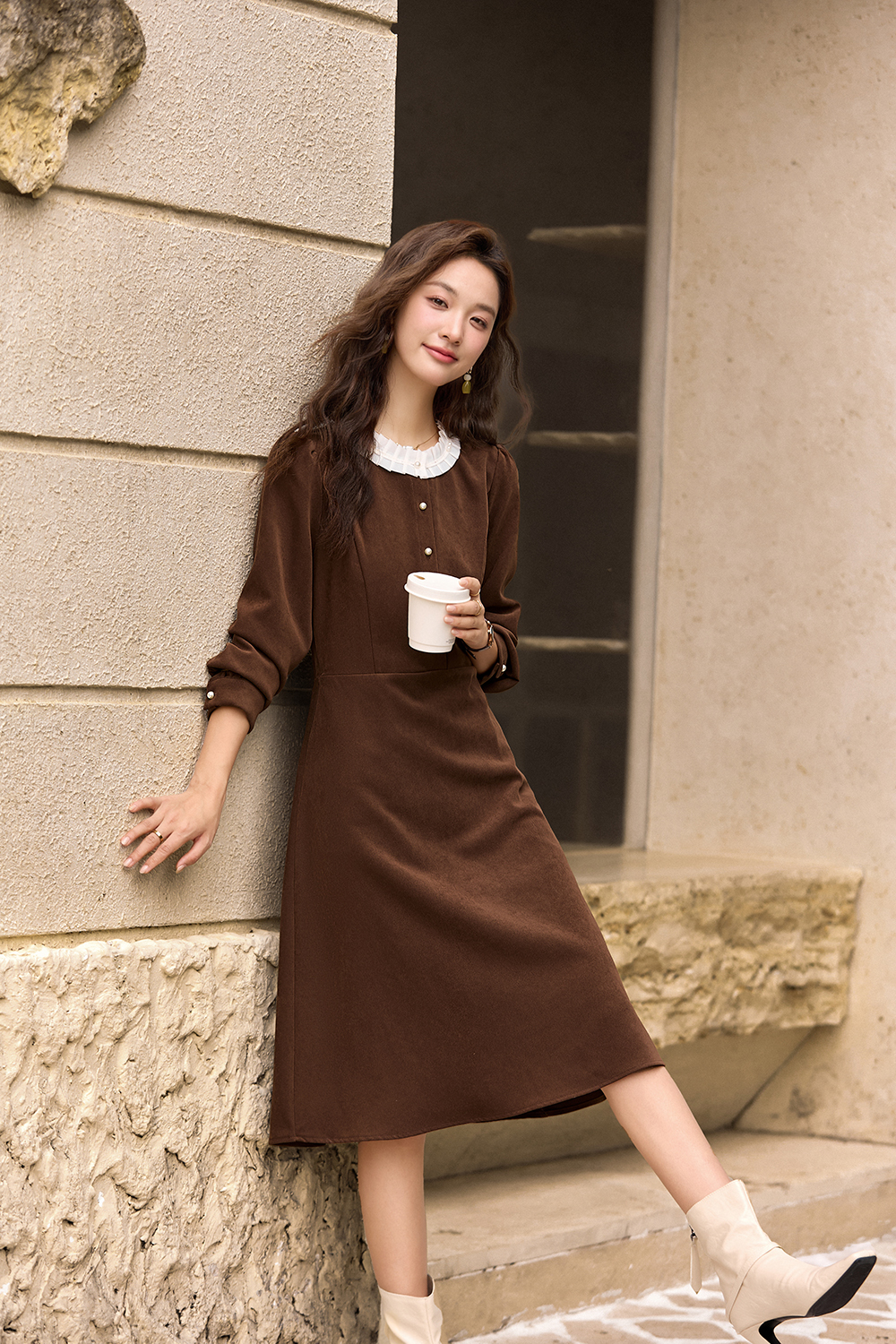 Brown French lace - trimmed crew - neck dress