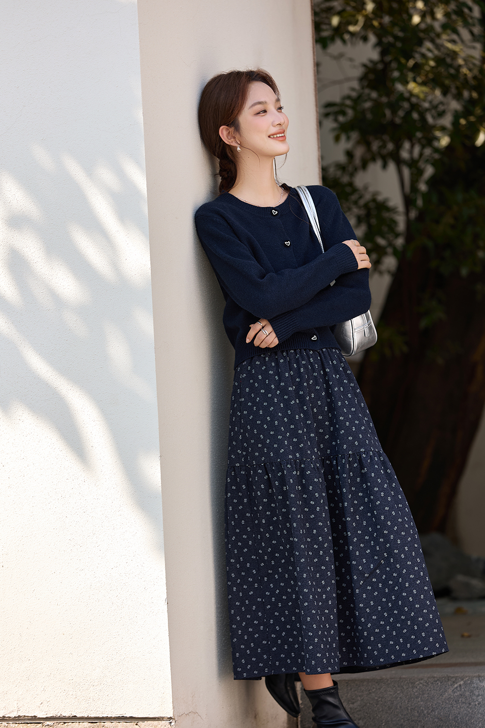 Navy blue cardigan floral dress set