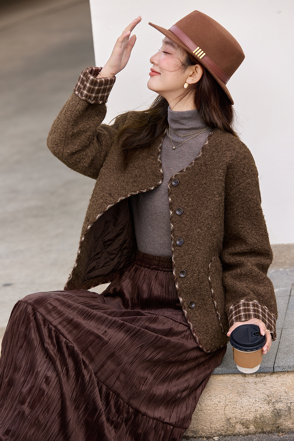 Color - block checkered woolen coat