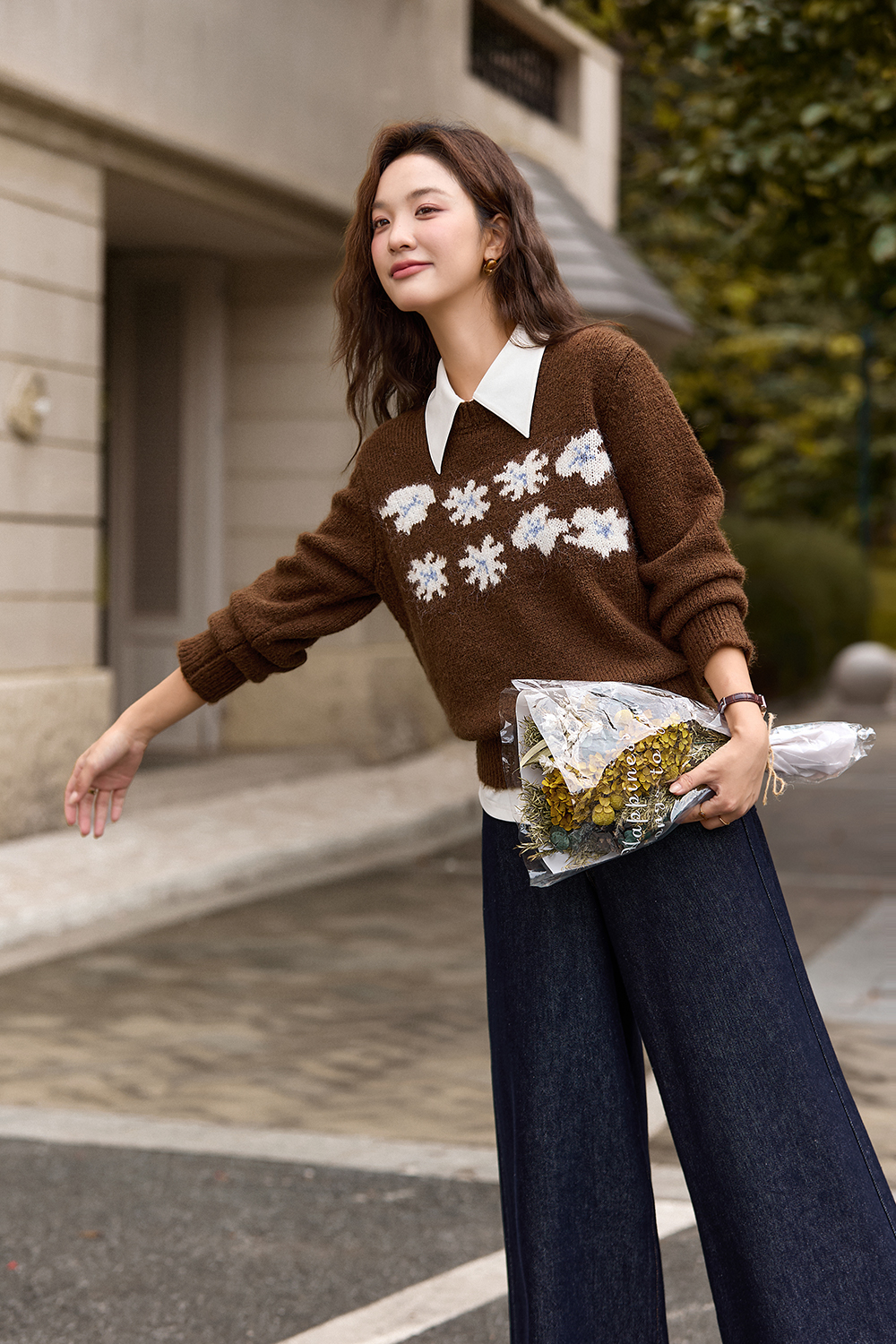 Blue jacquard crew - neck sweater
