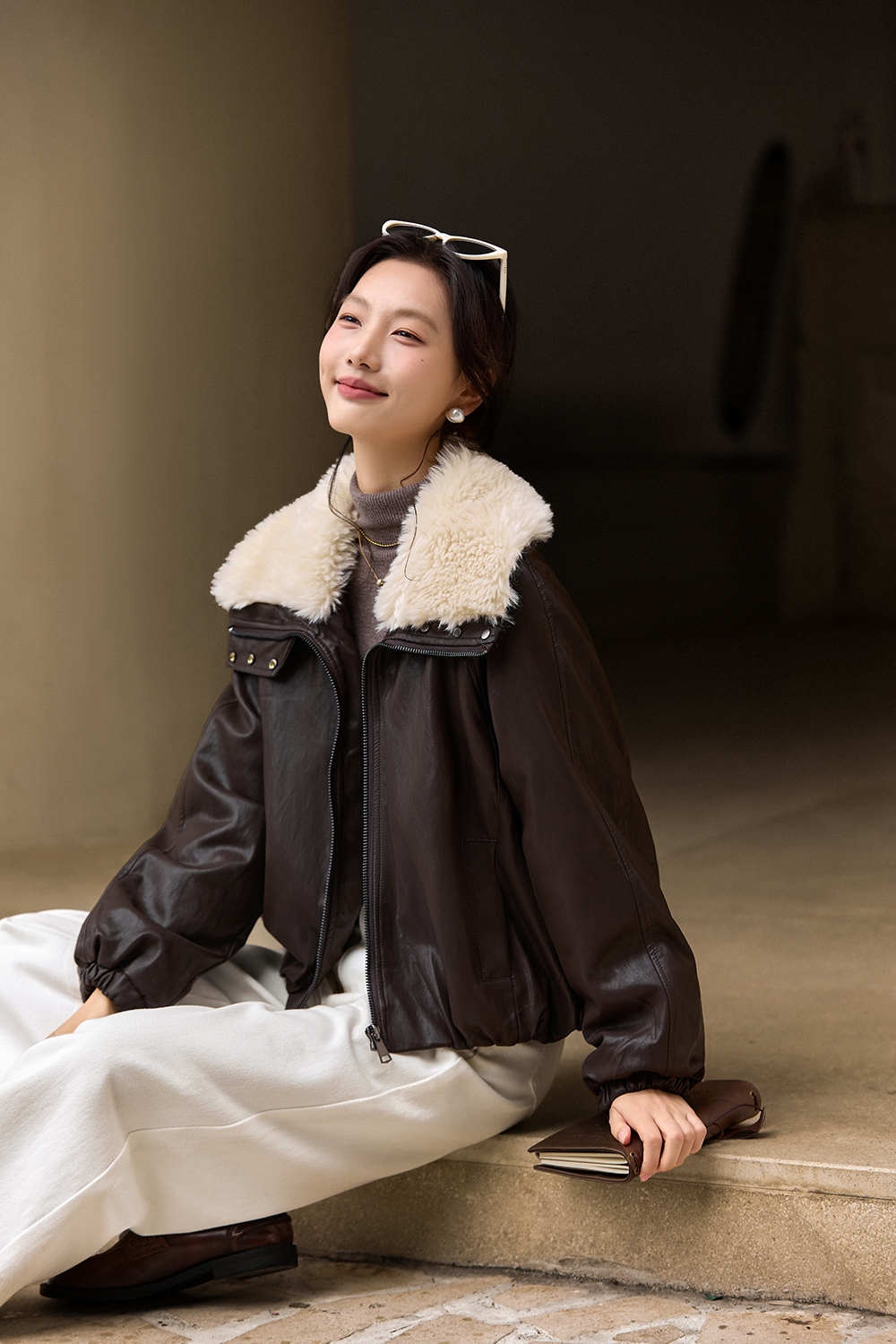 Fur - collared leather jacket