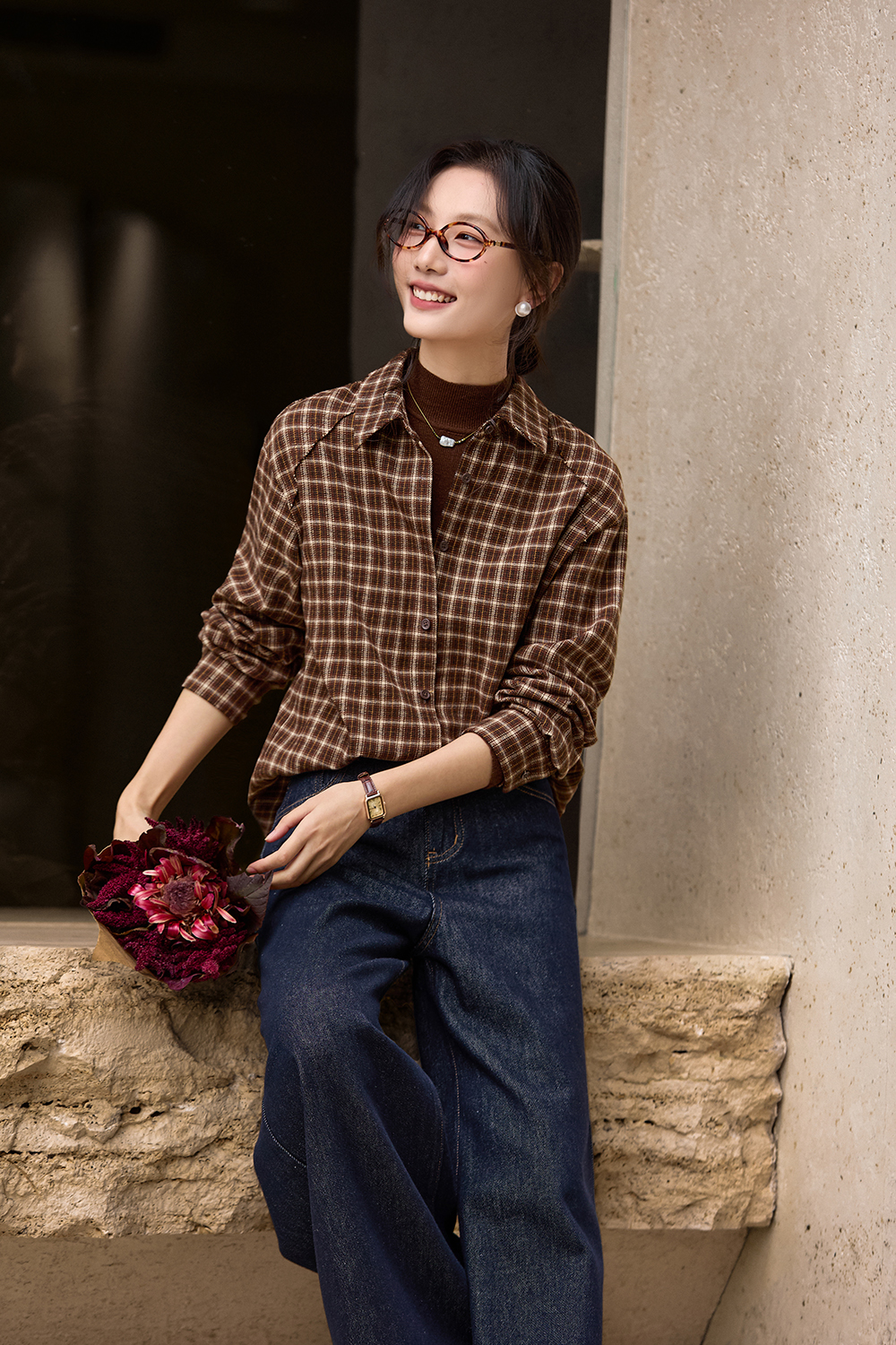 Brown Lapel Checkered Shirt