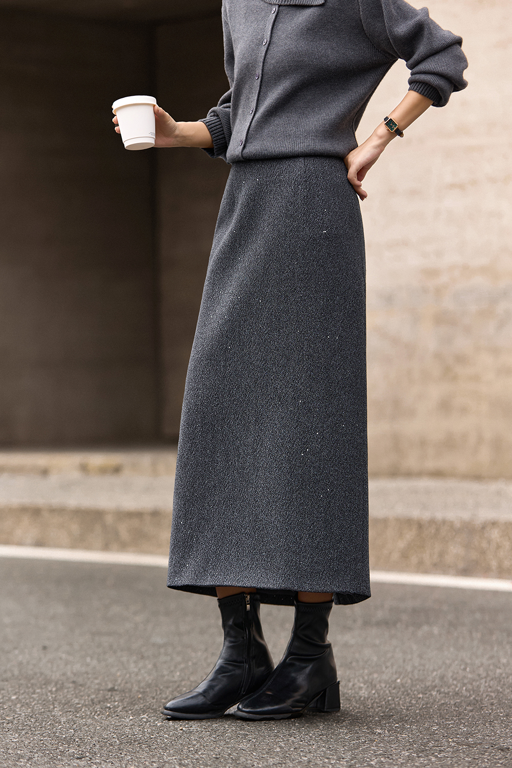 Gray Shimmer Midi Skirt