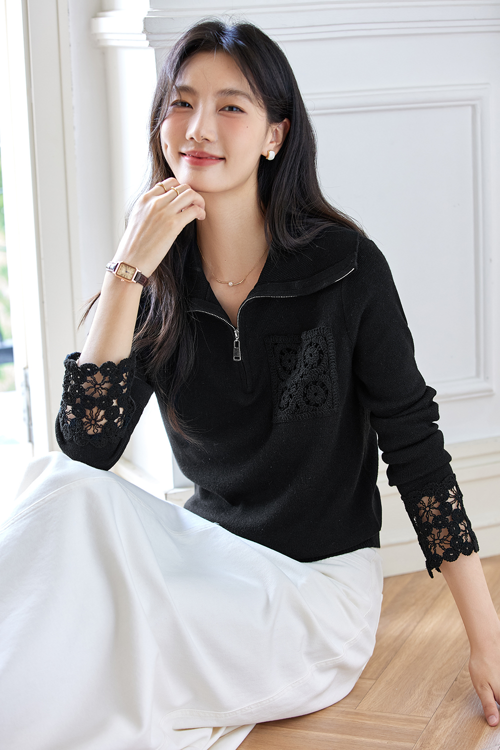 French openwork lace knit top-VIMLYSTORE