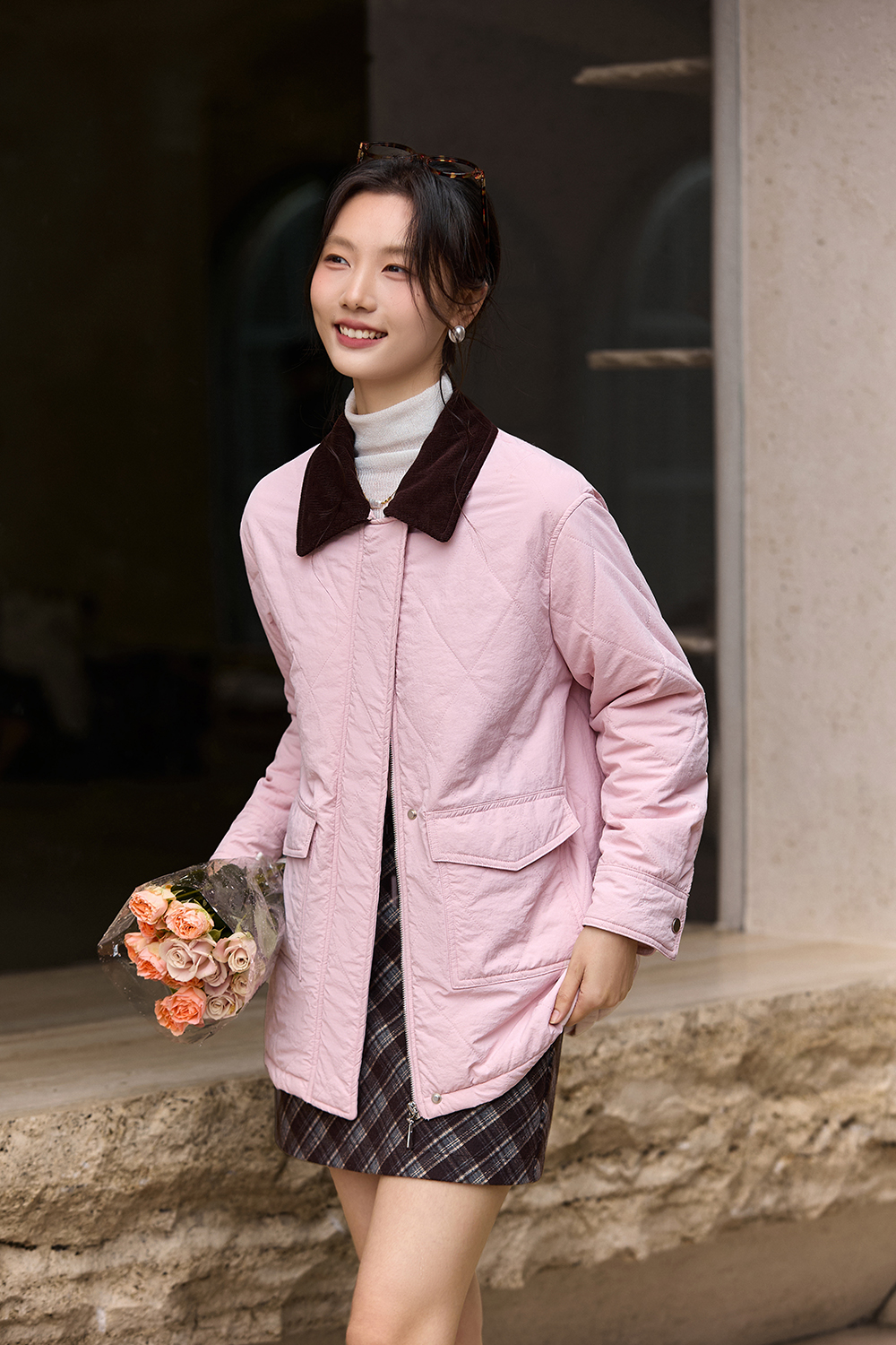 Pink lapel zipper cotton-padded jacket