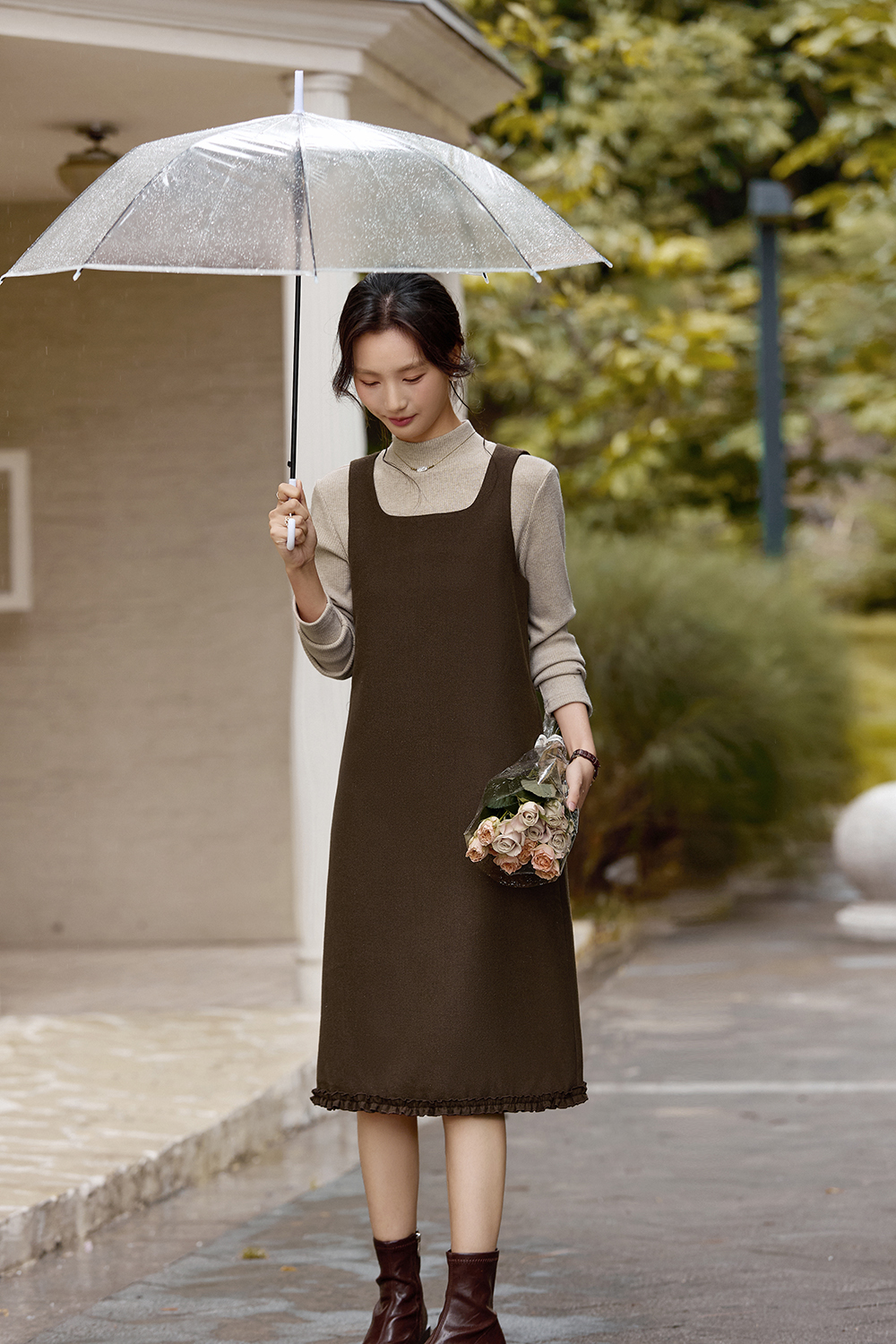 Coffee-colored slip dress set