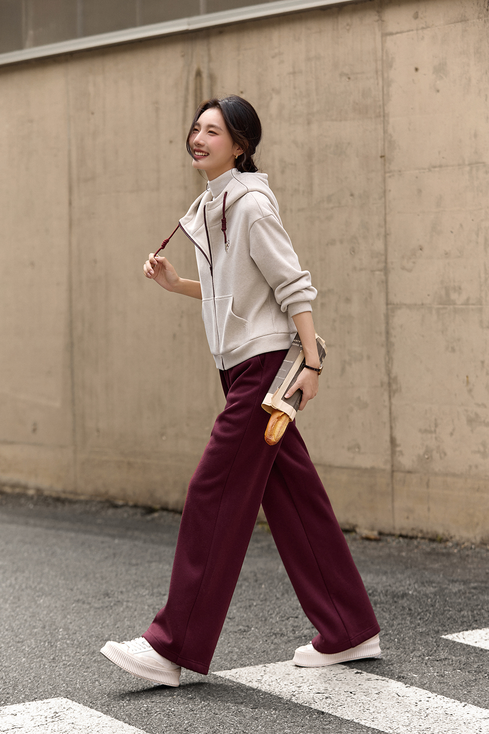 Apricot-red casual sports hoodie set