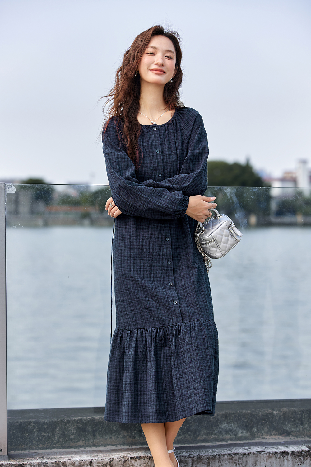 Blue Mori Check Slim Dress-VIMLYSTORE