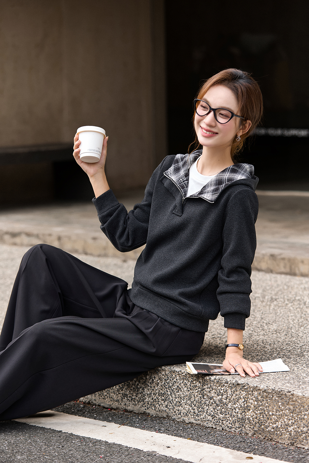 Patchwork plaid fleece-lined hoodie