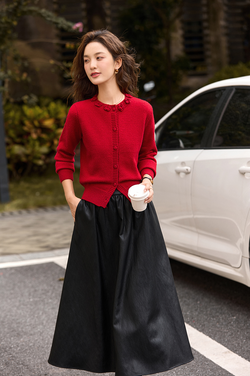 Y2K red three-dimensional crochet cardigan