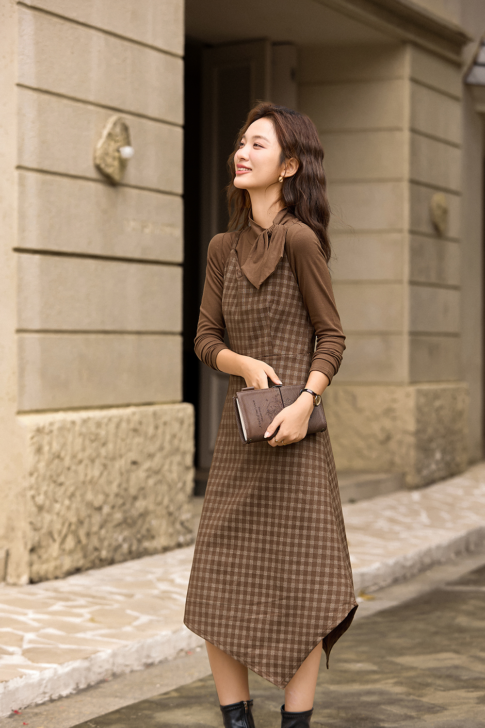 Coffee plaid dress
