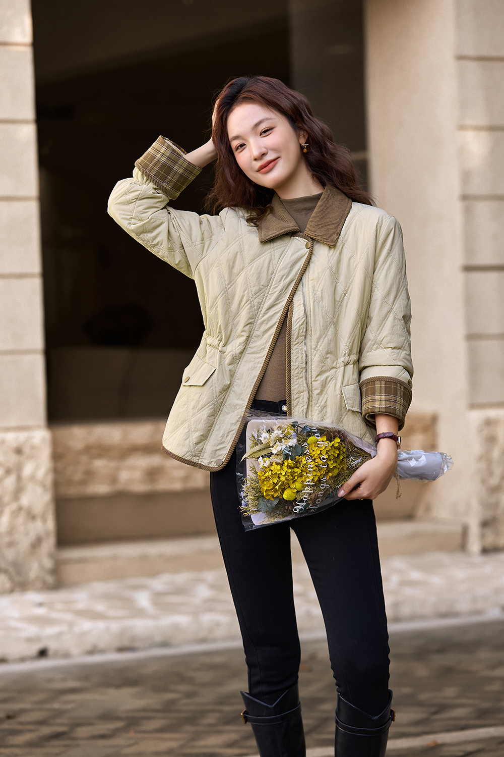 Khaki barn-style lapel cotton-padded jacket
