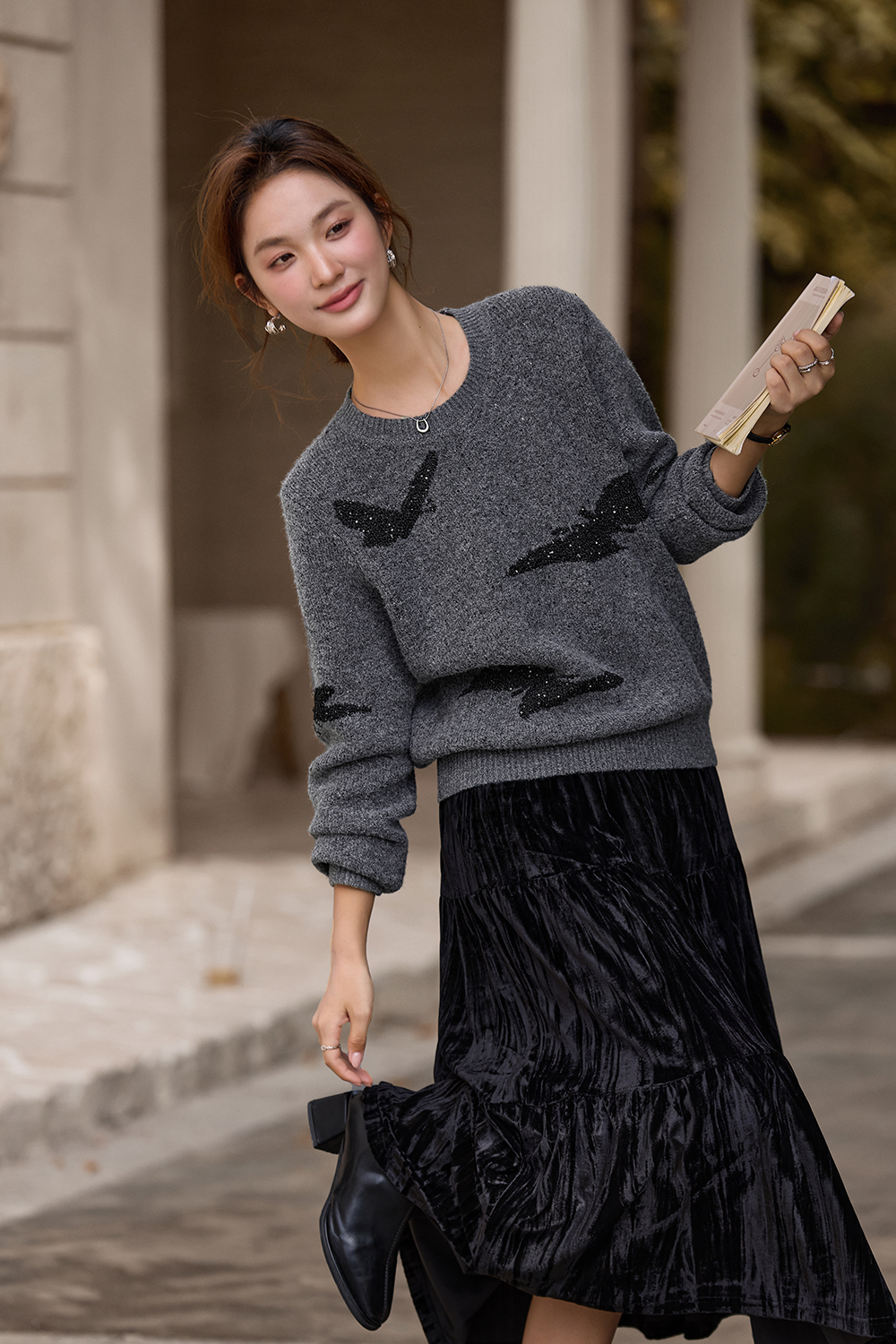 Butterfly jacquard crew neck sweater