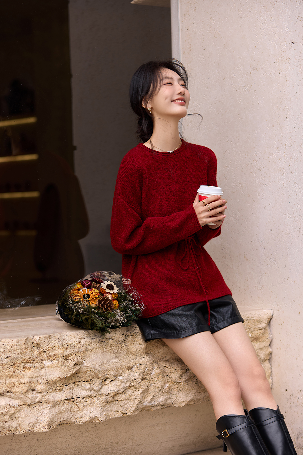 Red Slouchy Crew Neck Sweater