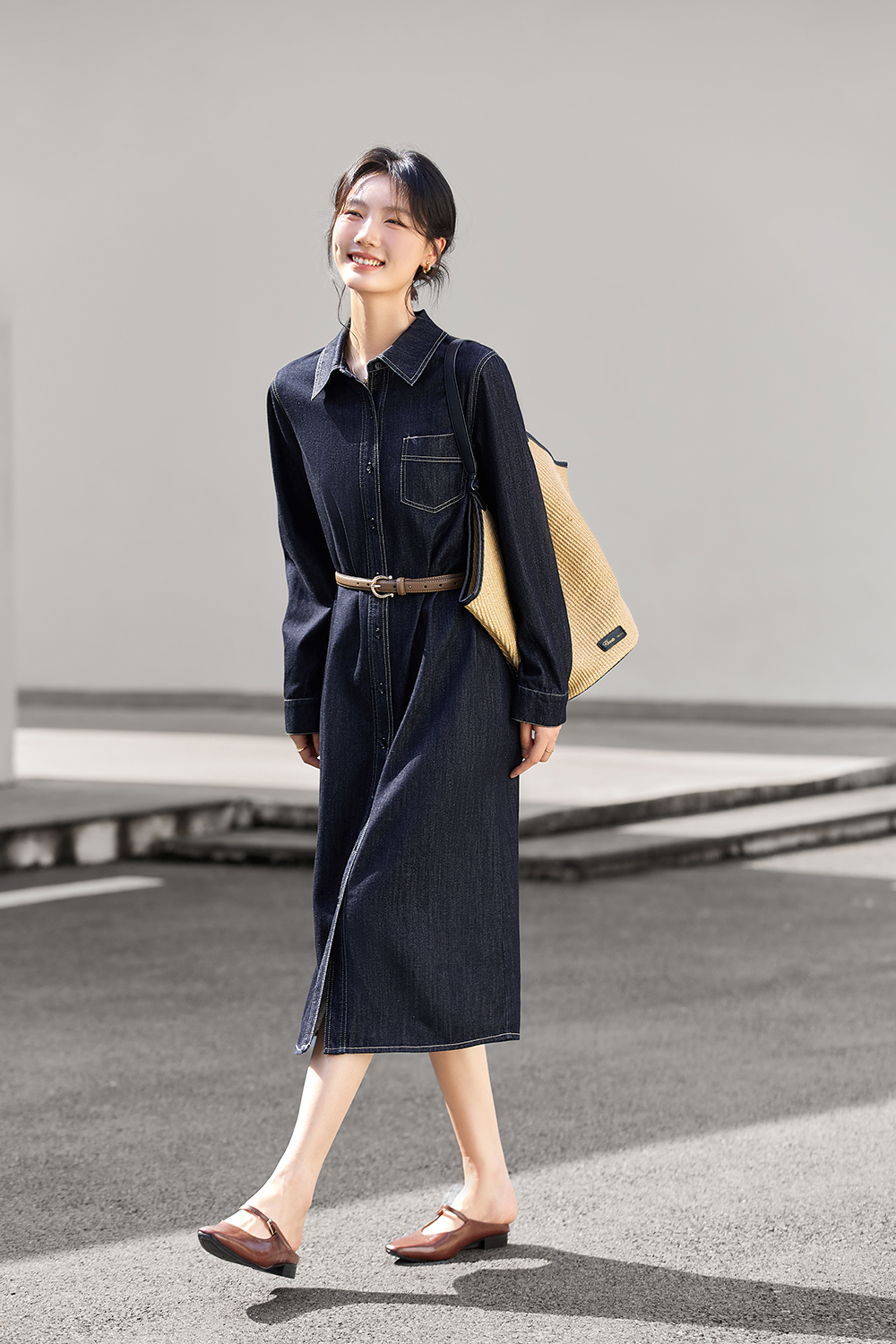 Denim Shirt Dress with Contrast Topstitching-VIMLYSTORE