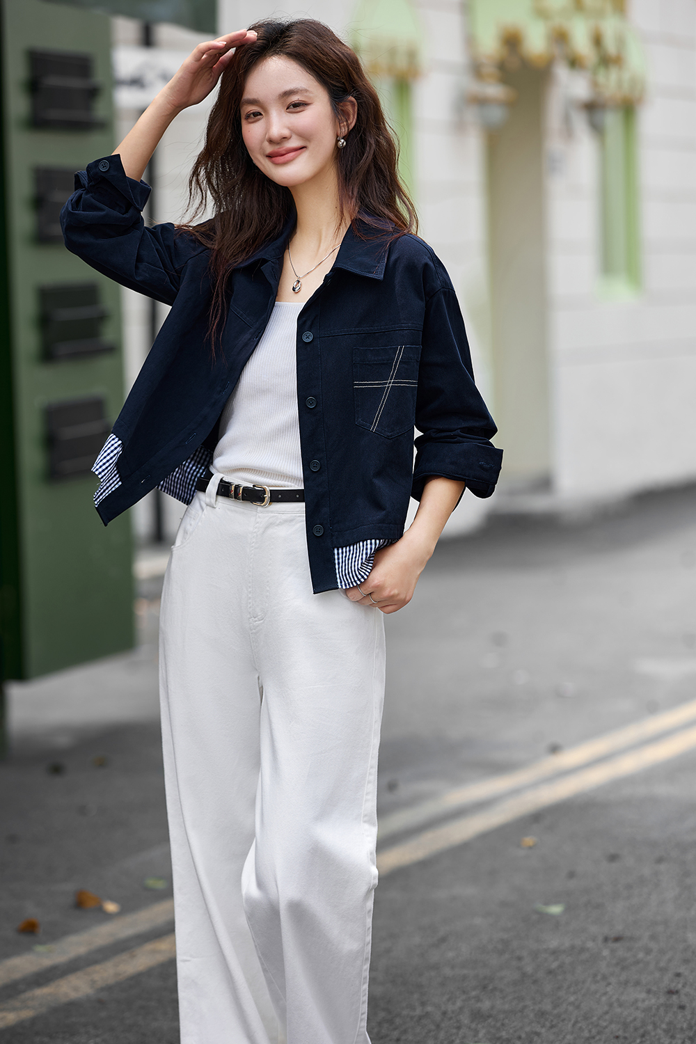 Navy & Stripe Faux Two-Layer Fashion Shirt-VIMLYSTORE