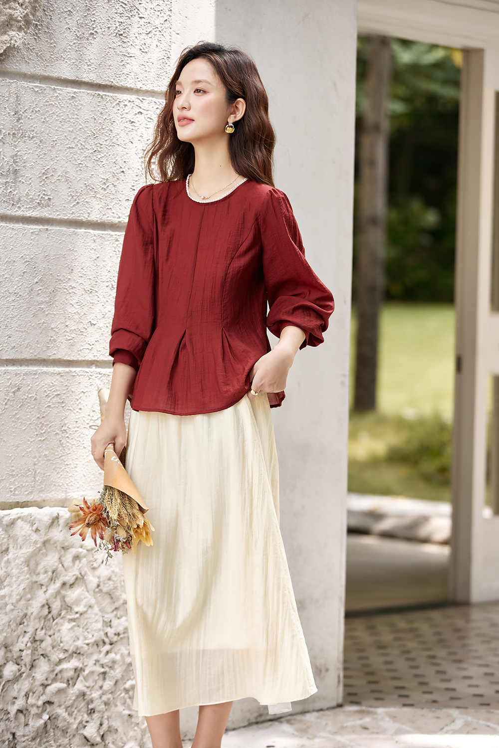 Elegant Crewneck Top & Waist-Defining Skirt Set-VIMLYSTORE