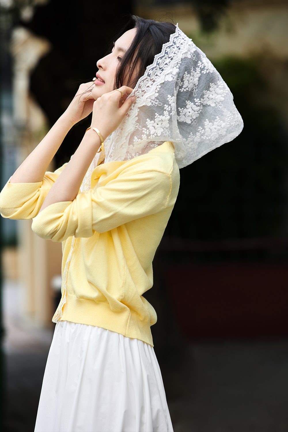 Yellow lace hooded knitted cardigan sweater coat-VIMLYSTORE