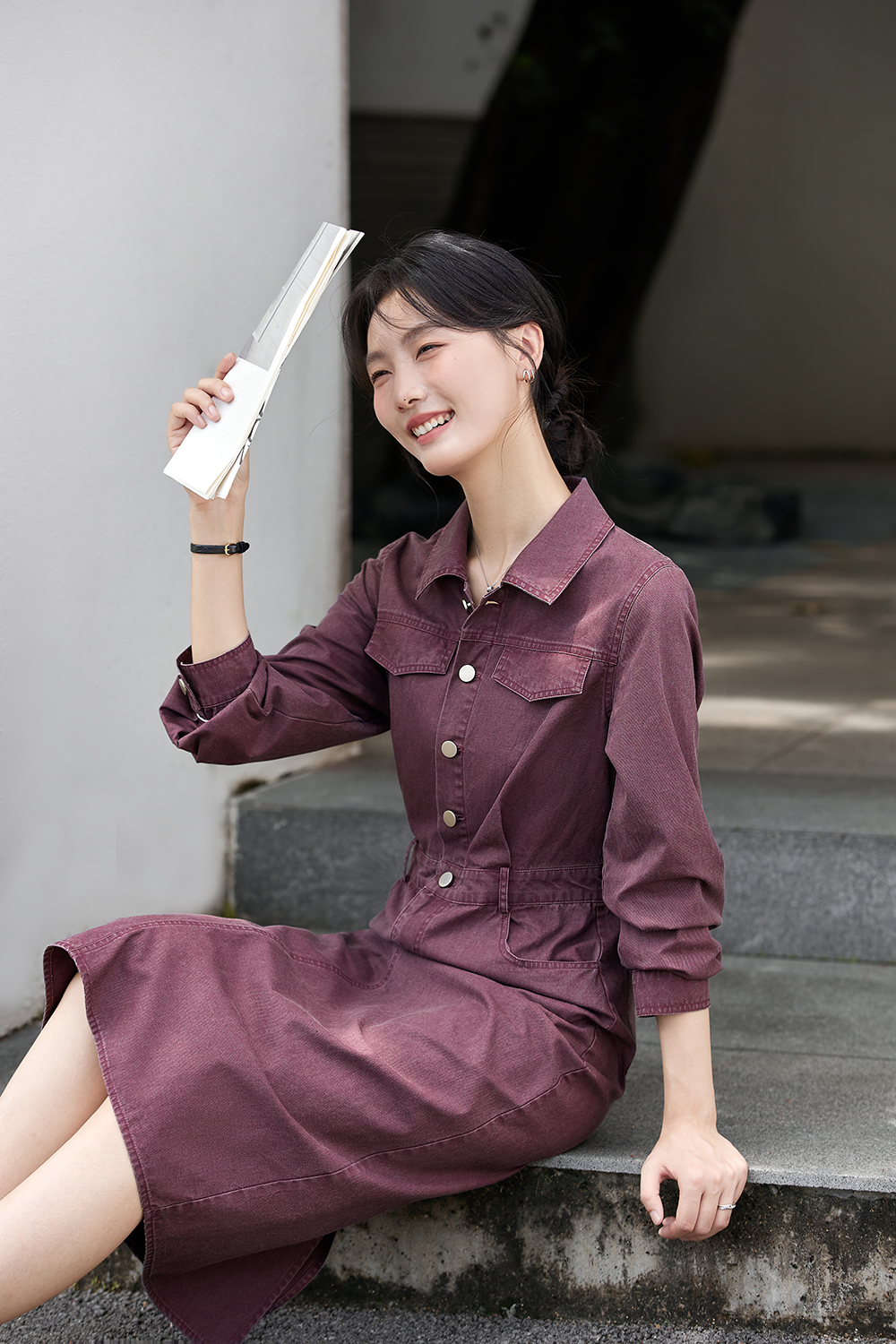 Utility-Chic Cotton Shirtdress with Belted Waist-VIMLYSTORE