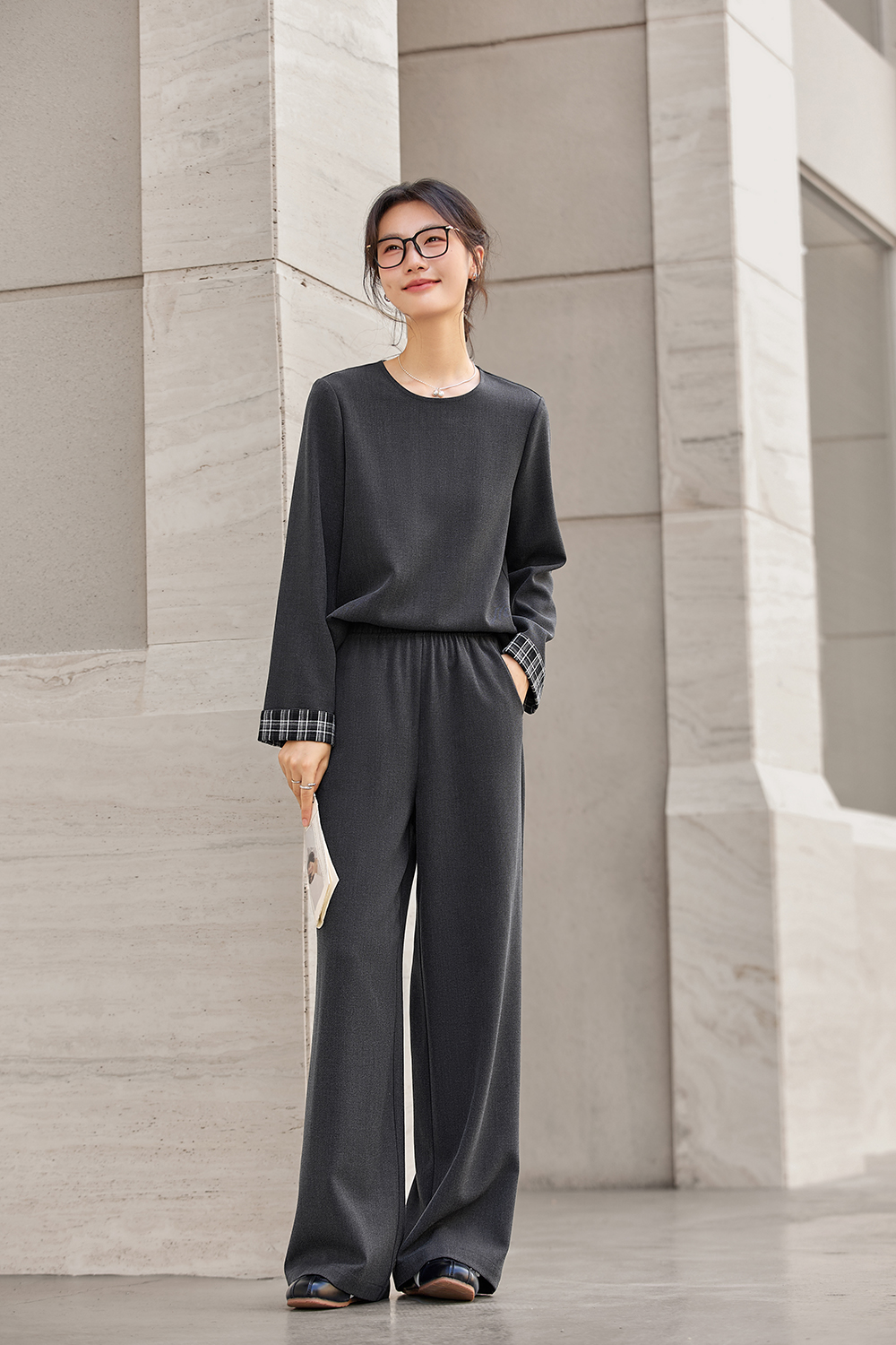 Effortless Gray Knit Top & Palazzo Pants Office Set-VIMLYSTORE