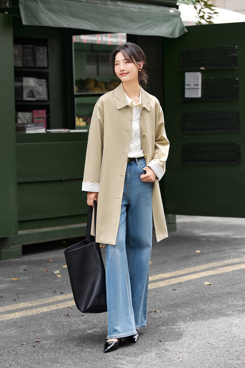 Lace-Cuff Trench Coat with Structured Silhouette-VIMLYSTORE