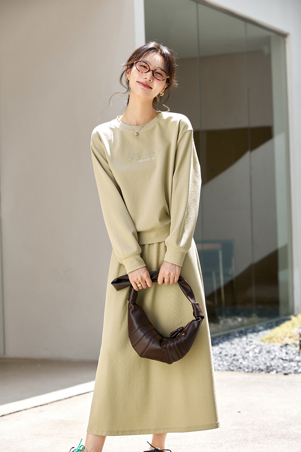 Crewneck Sweatshirt & Embroidered A-Line Skirt Set-VIMLYSTORE