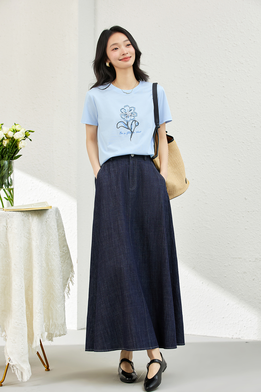 Denim A-Line Skirt with Contour Waistband-VIMLYSTORE