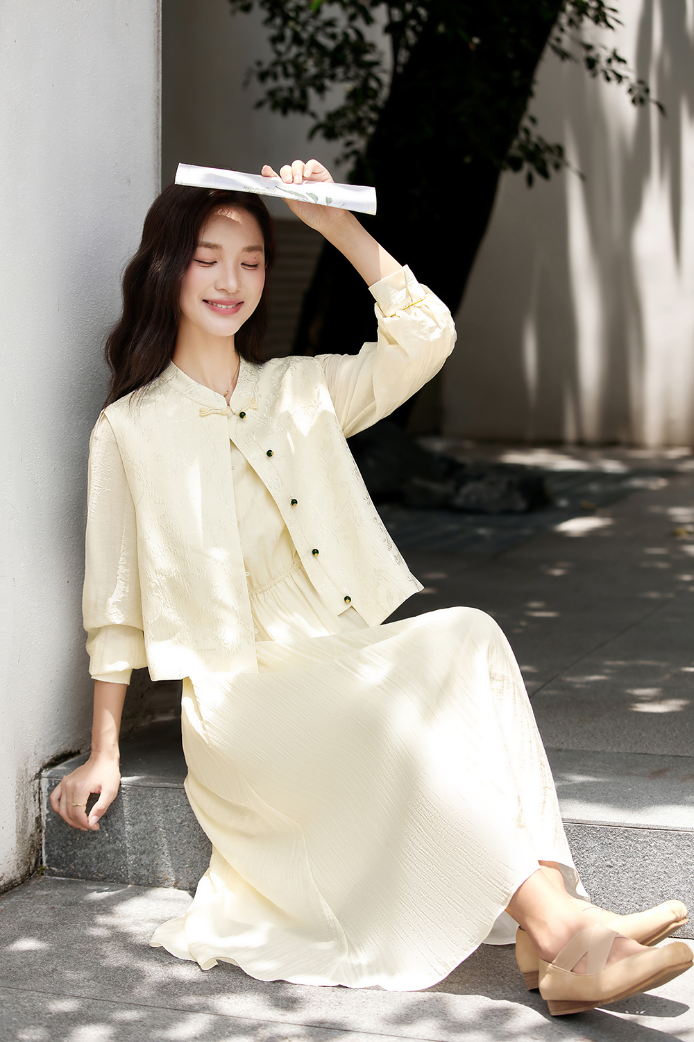 New Chinese Style Elegant Jacquard Vest and Round Neck Long Dress Two-Piece Set-VIMLYSTORE