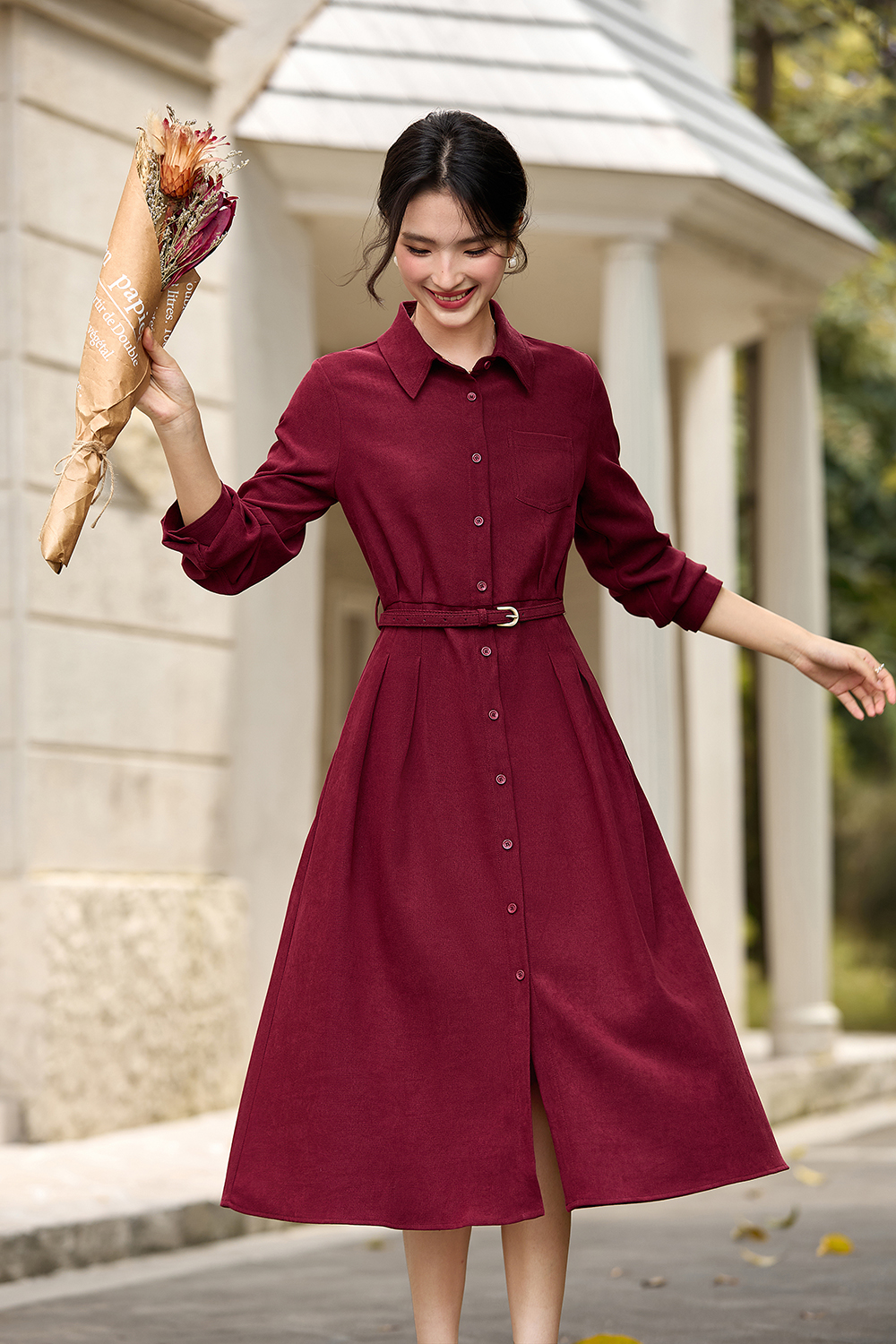 French Vintage Lapel Slimming Shirt Dress-VIMLYSTORE