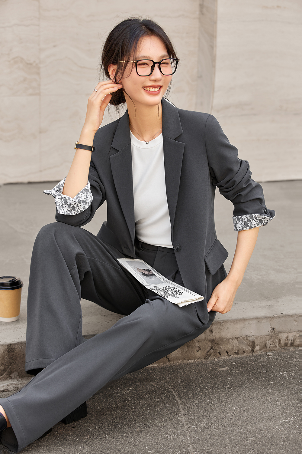 Commute Lapel Top with Wide-Leg Trousers Suit Set-VIMLYSTORE
