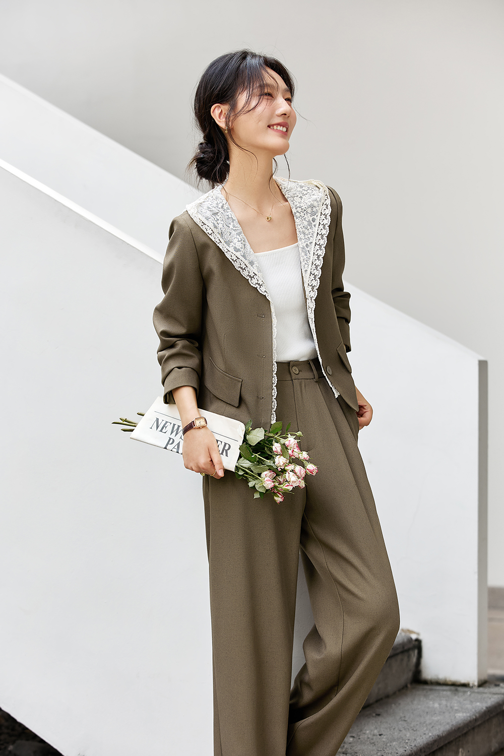 Hooded Lace Jacket Top with Casual Trousers Suit Set-VIMLYSTORE