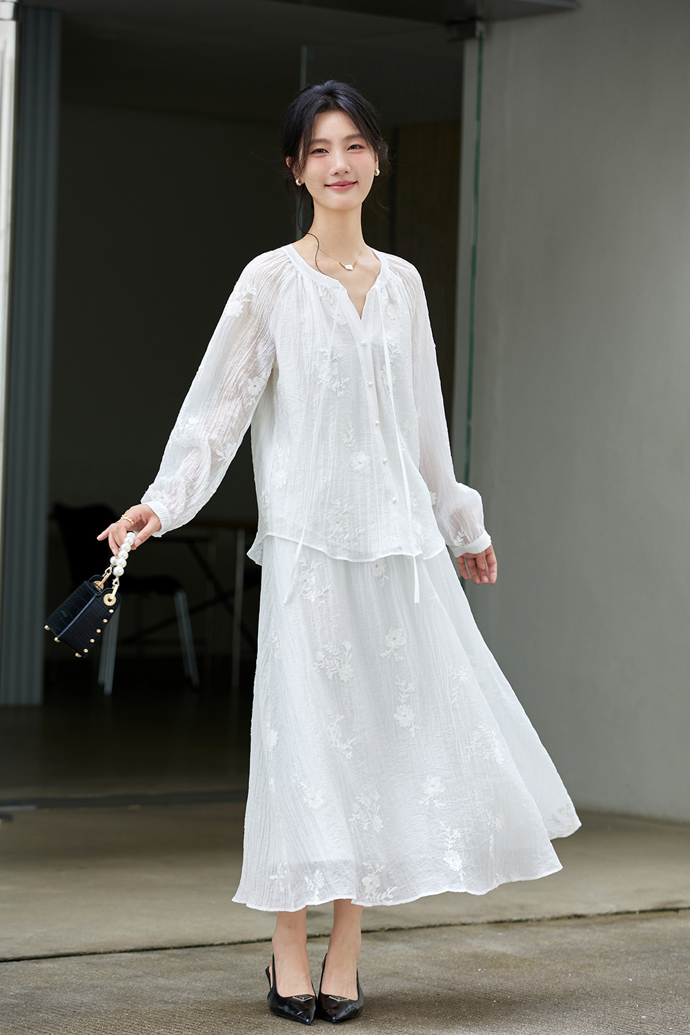 Broderie Anglaise Blouse & Maxi Skirt Coord Set-VIMLYSTORE