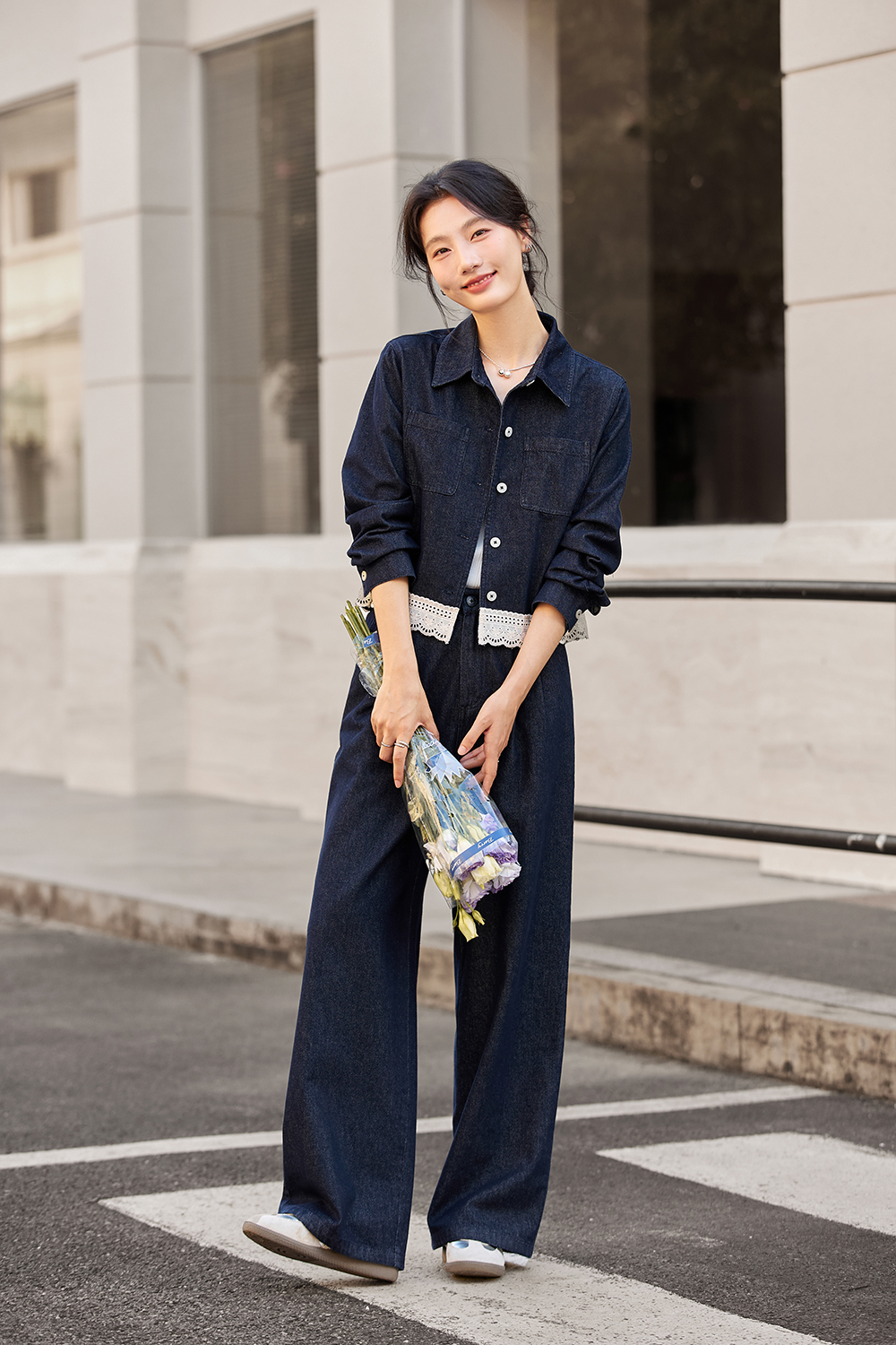 Lace Trim Lapel Jacket and Pants Denim Set-VIMLYSTORE
