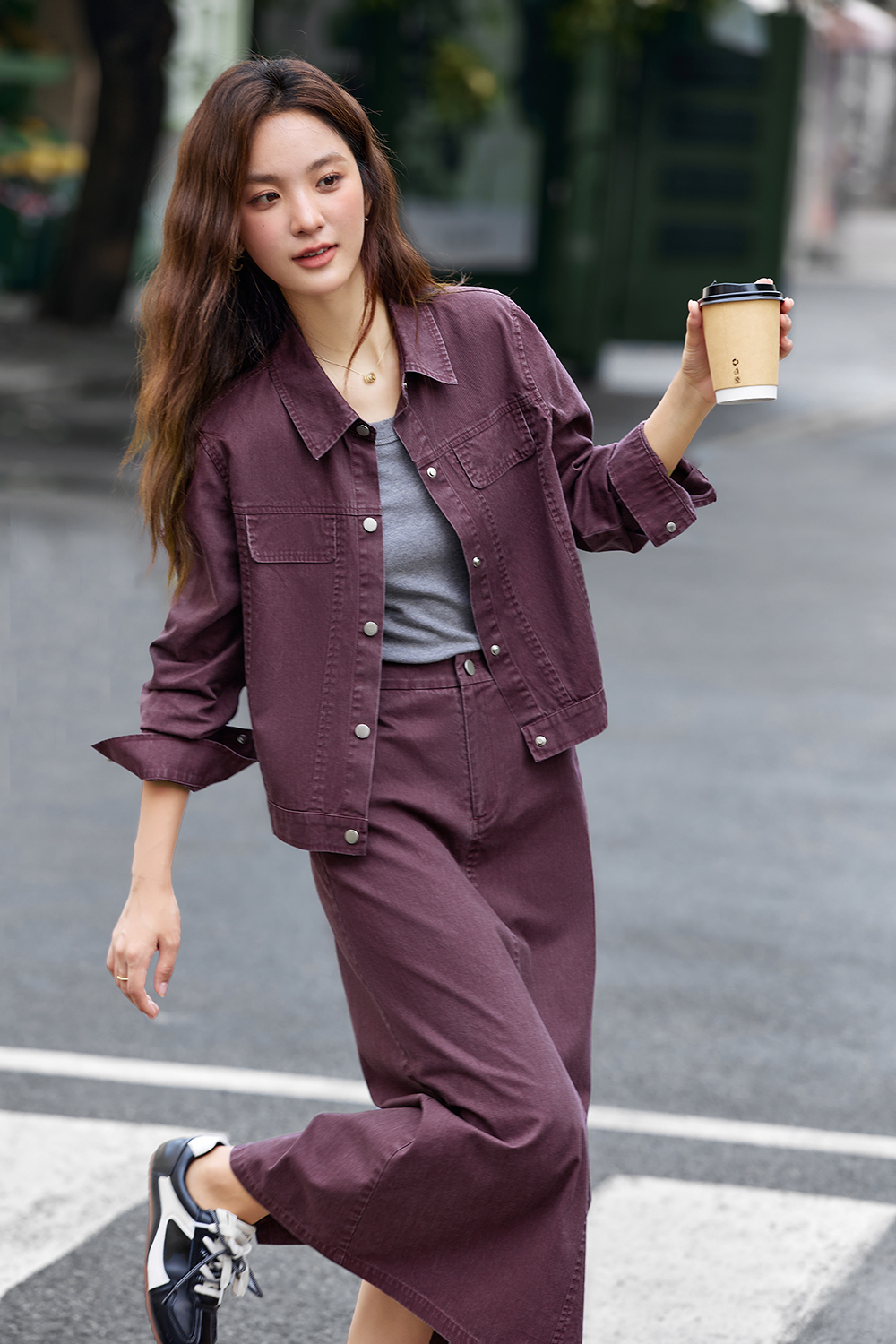 Purple Lapel Short Jacket and Skirt Denim Set-VIMLYSTORE