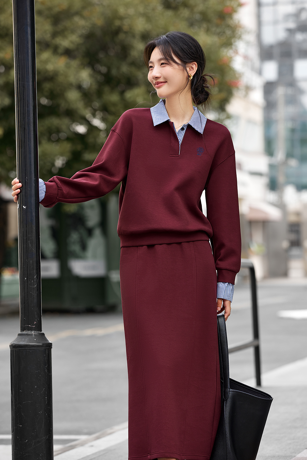 Preppy Style Lapel Color-Block Top with Slit Long Skirt Two-Piece Set-VIMLYSTORE