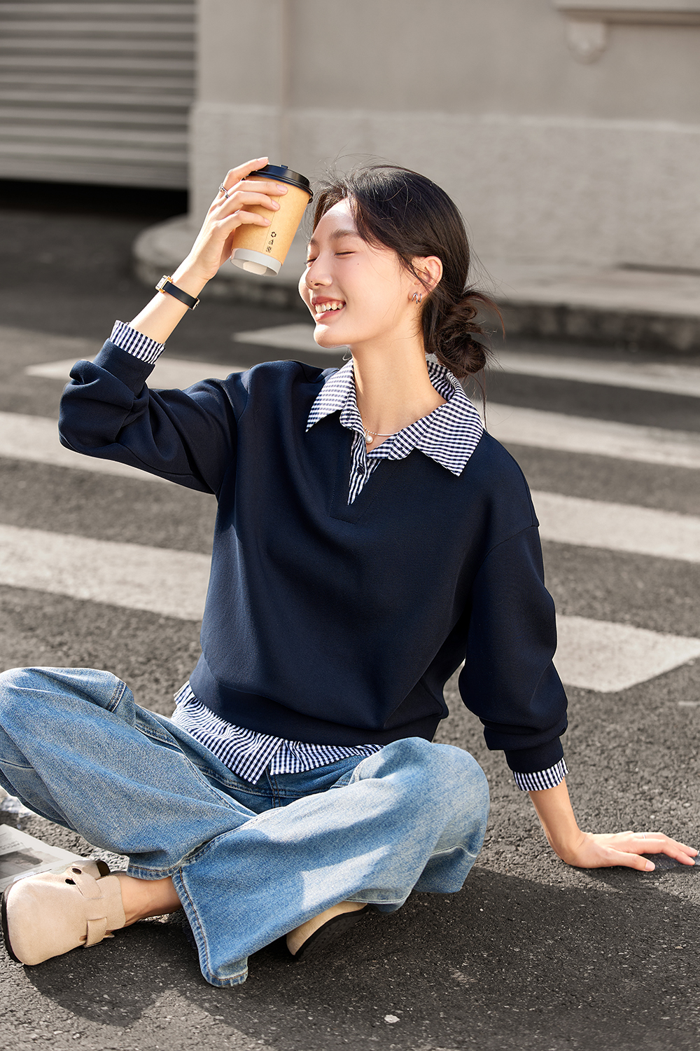 Design-Forward Slimming Preppy Style Lapel Fake Two-Piece Sweatshirt-VIMLYSTORE