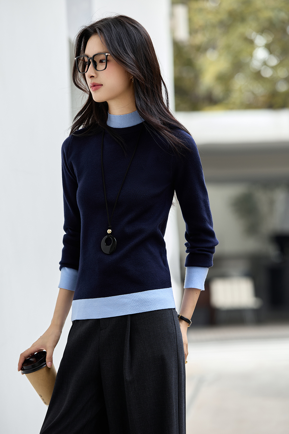 High Neck Color-Block Slimming Versatile Base Layer Knit Top-VIMLYSTORE