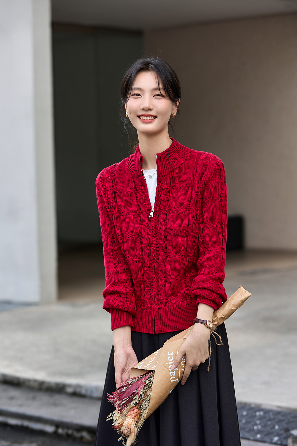 Twisted Cable Stand Neck Zipper Knit Cardigan-VIMLYSTORE