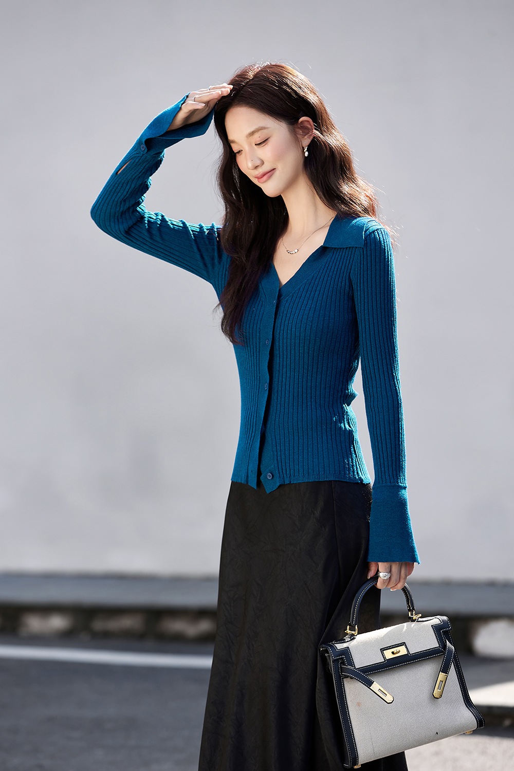 Minimalist Slimming Fitted Ribbed Fold-Over V-Neck Knit Cardigan-VIMLYSTORE