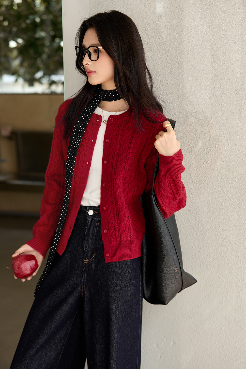 Red Cable-Knit Loose Wool Blend Round Neck Knit Sweater-VIMLYSTORE