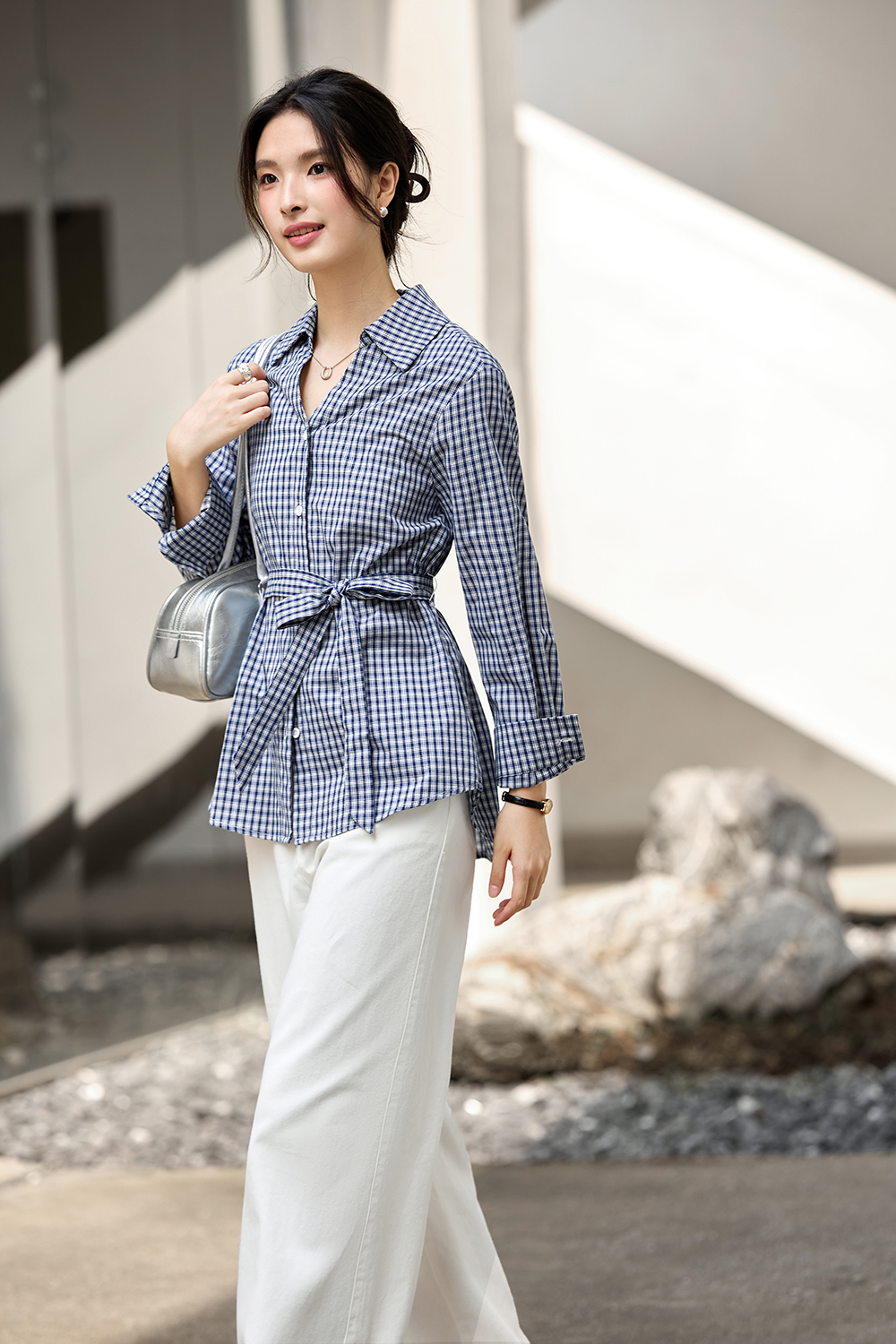 Lapel Tie-Waist Slimming Pure Cotton Long Sleeve Plaid Shirt-VIMLYSTORE