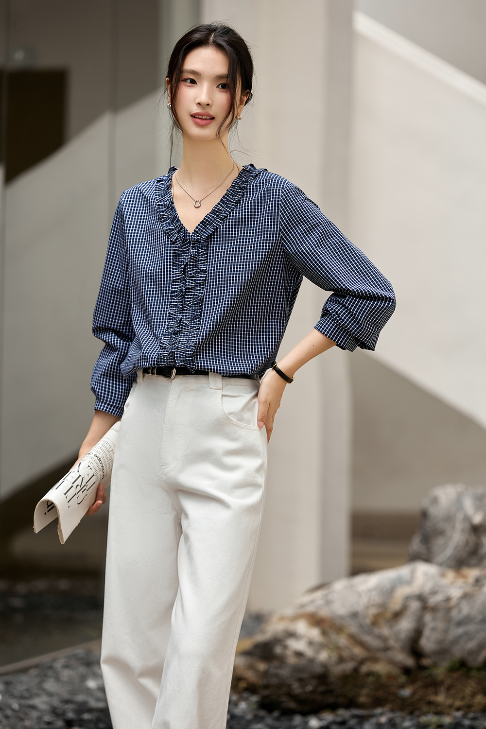 Navy Blue Ruffled Collar Pure Cotton Lapel Long Sleeve Plaid Shirt-VIMLYSTORE