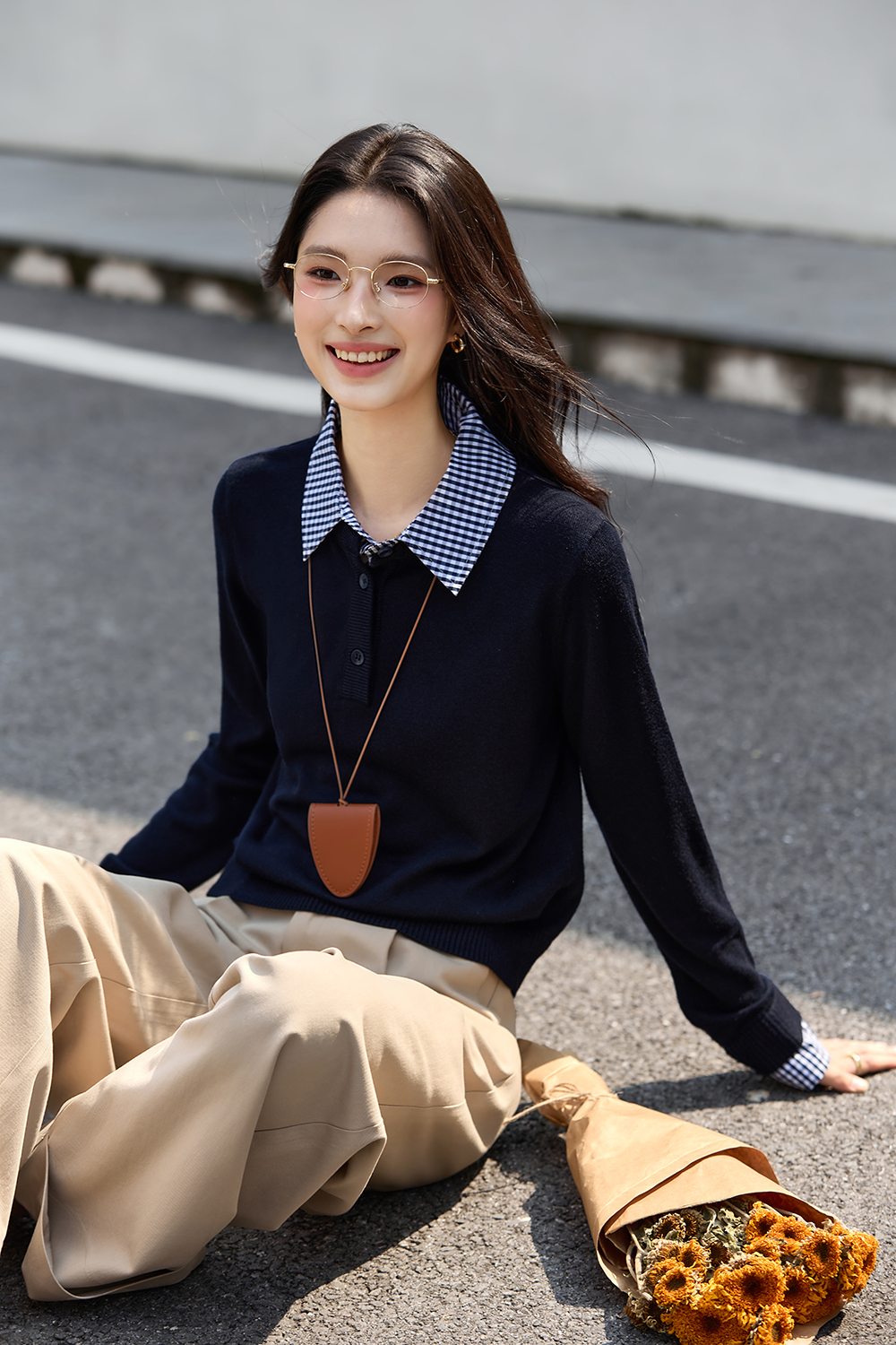 Plaid & Solid Faux Layer Wool-Blend Knit Top-VIMLYSTORE