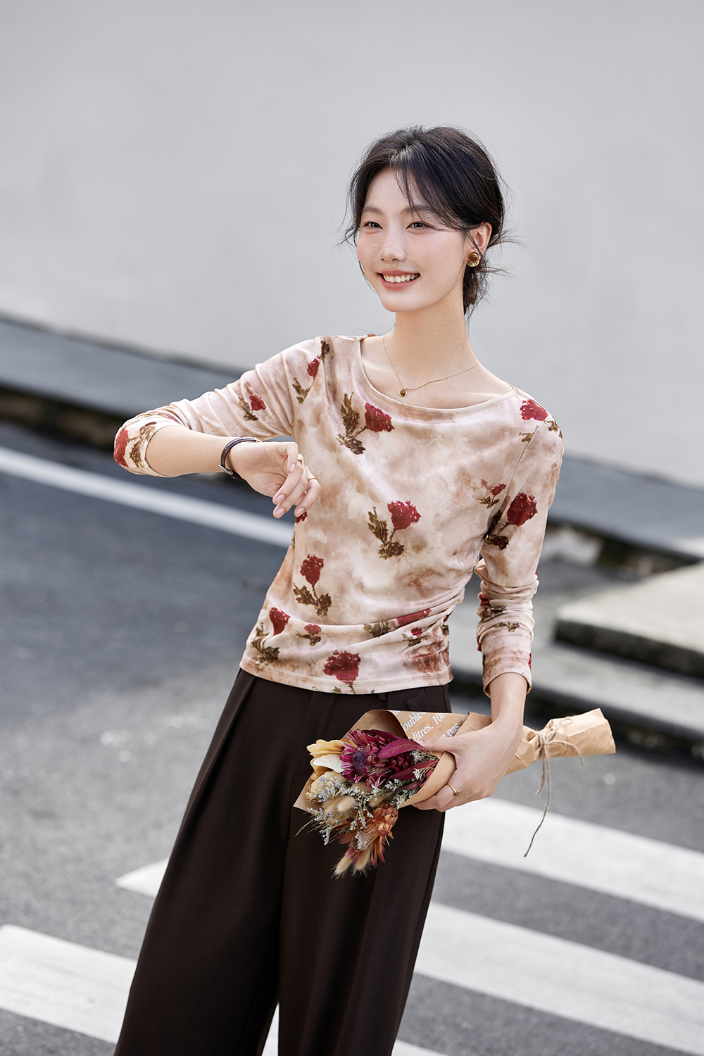 Floral Velvet Boatneck Top with Shirred Waist-VIMLYSTORE