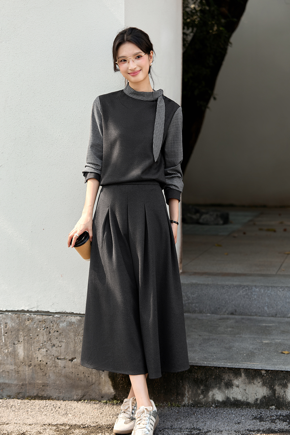 Stand Collar Top & Flowy Maxi Skirt Set-VIMLYSTORE